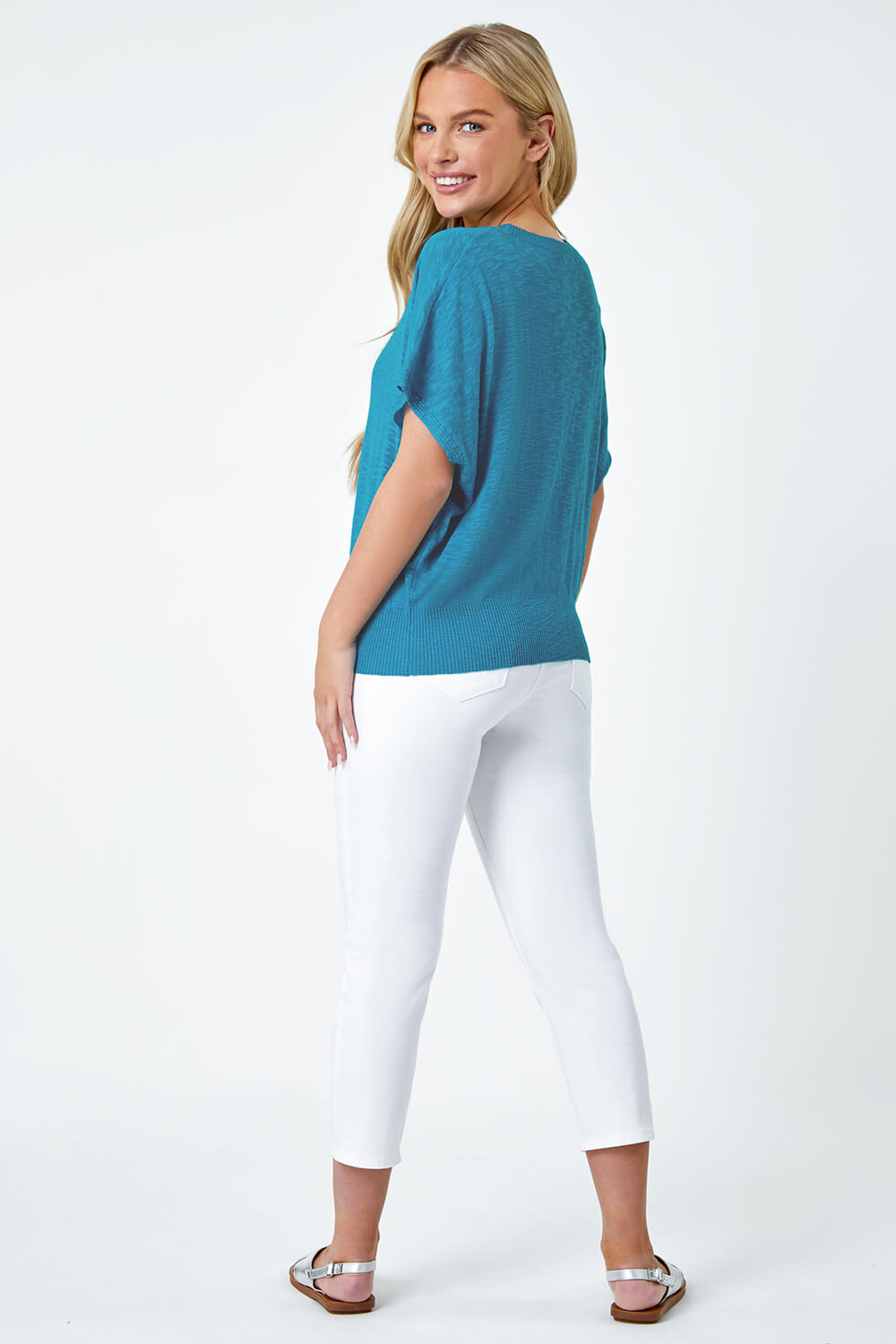 Turquoise Petite Cotton Blend Textured Knit Top, Image 3 of 5