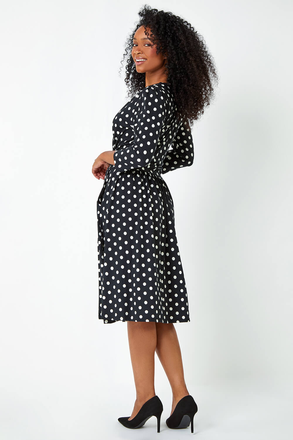 Black Petite Polka Dot Midi Stretch Dress, Image 3 of 5