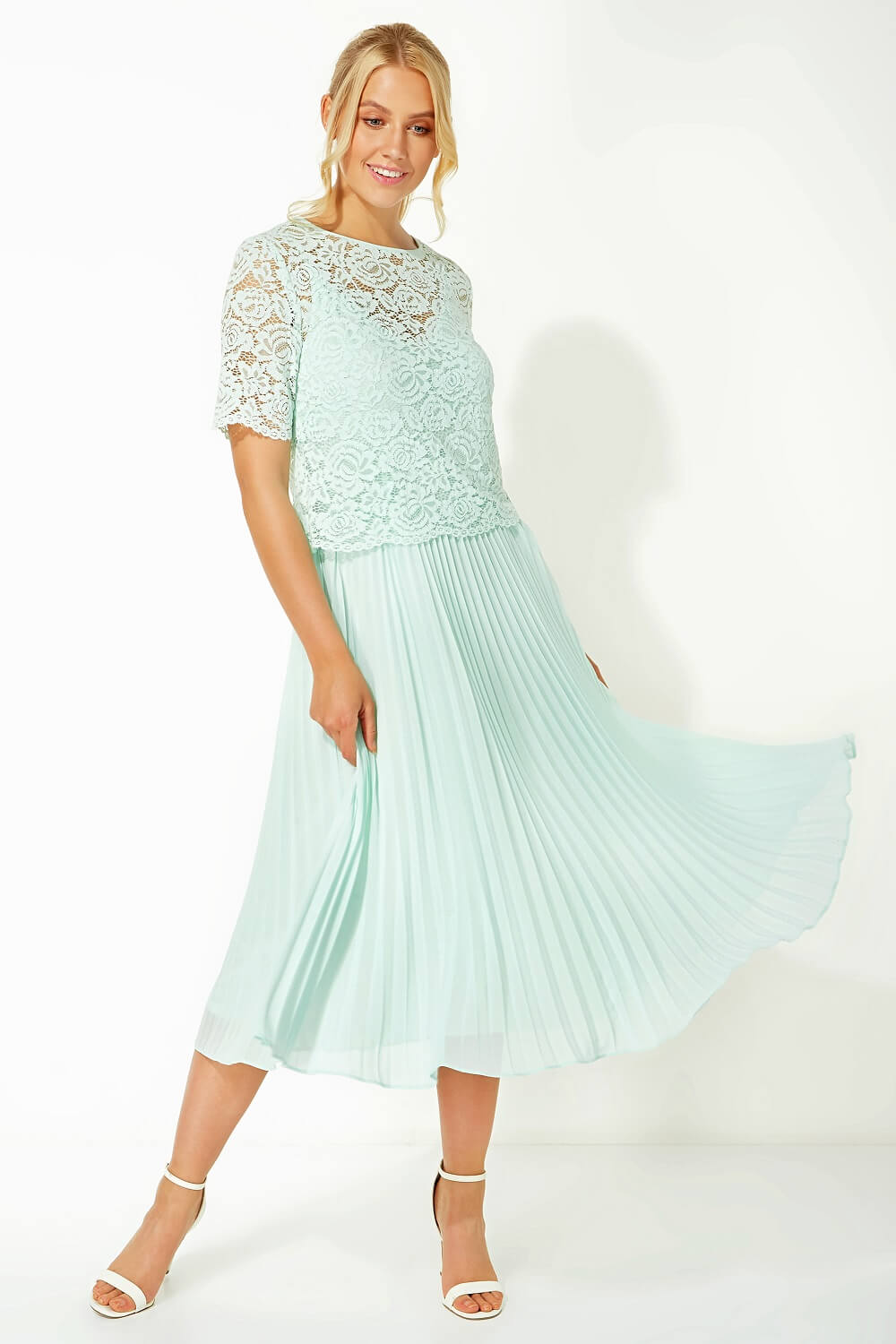Lace Top Overlay Pleated Midi Dress