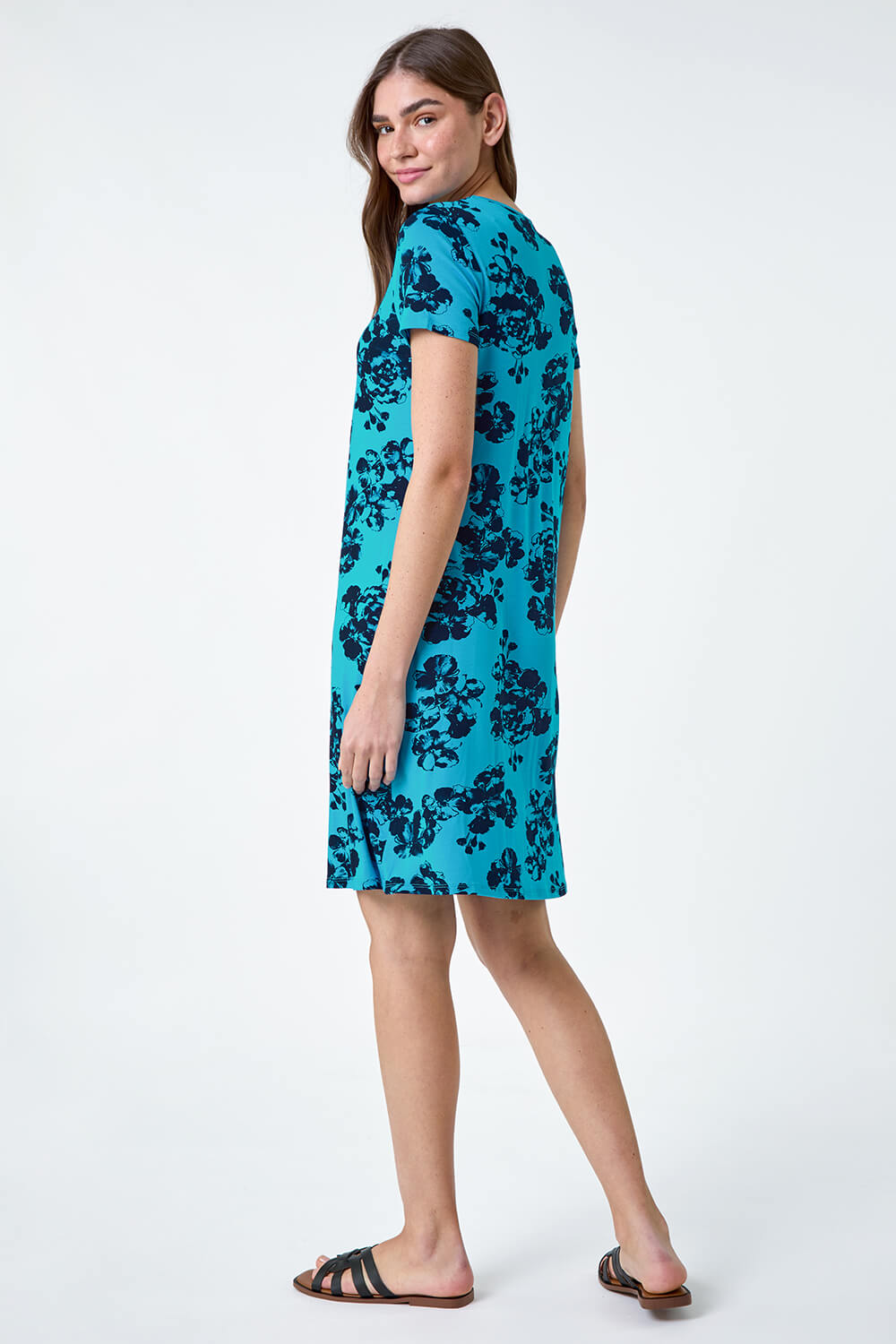 Blue Floral Pleat Front Stretch Pocket Dress, Image 3 of 5
