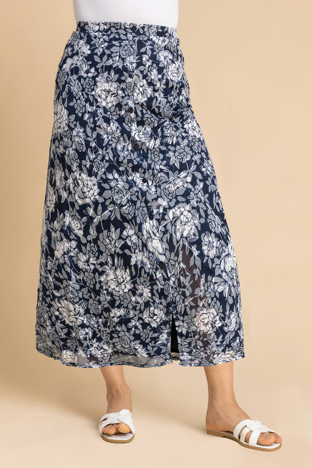 Floral Burnout Buttoned Midi Skirt