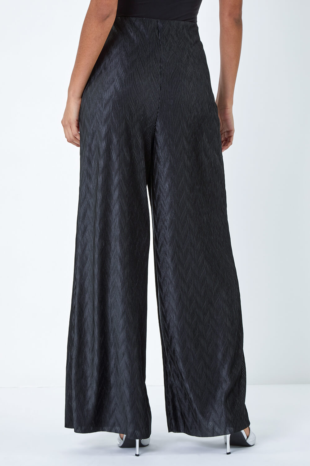 Black Plisse Wave Wide Leg Stretch Trousers, Image 3 of 5