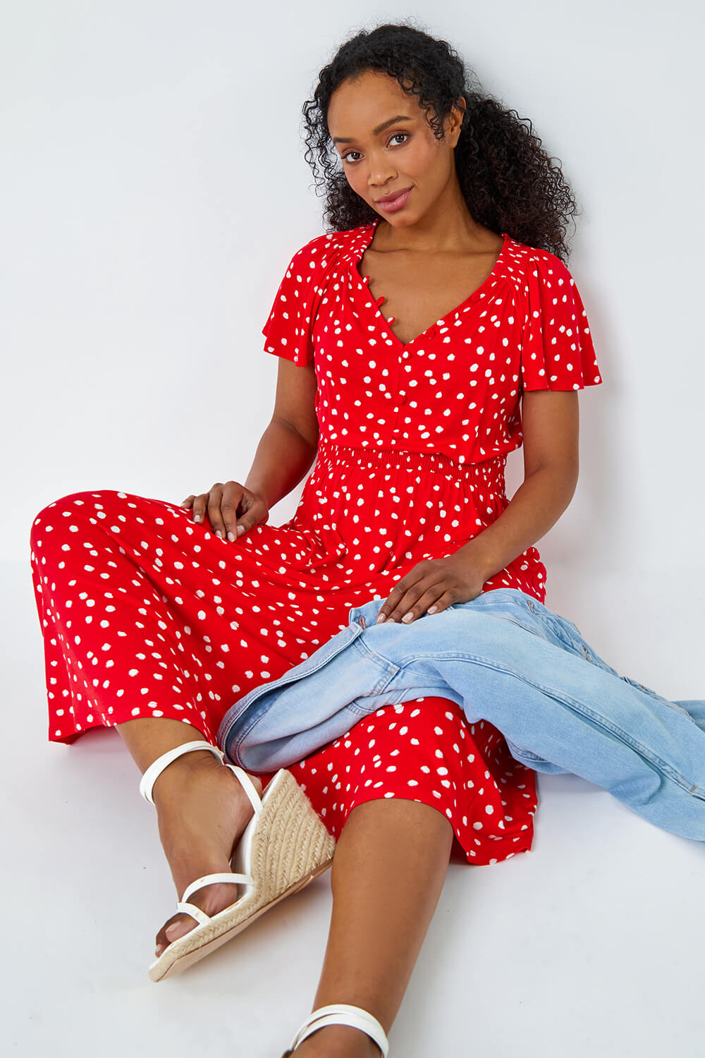 Red Petite Polka Dot Button Stretch Midi Dress, Image 1 of 5