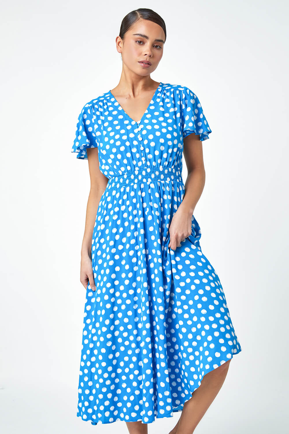 Light Blue  Petite Polka Dot Midi Dress, Image 2 of 5