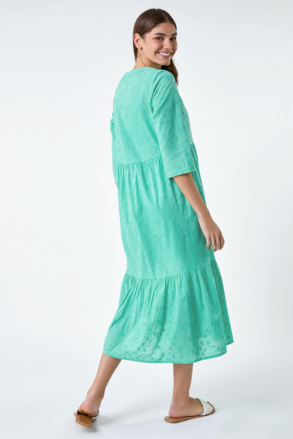 Mint Embroidered Tiered Cotton Midi Dress, Image 3 of 5