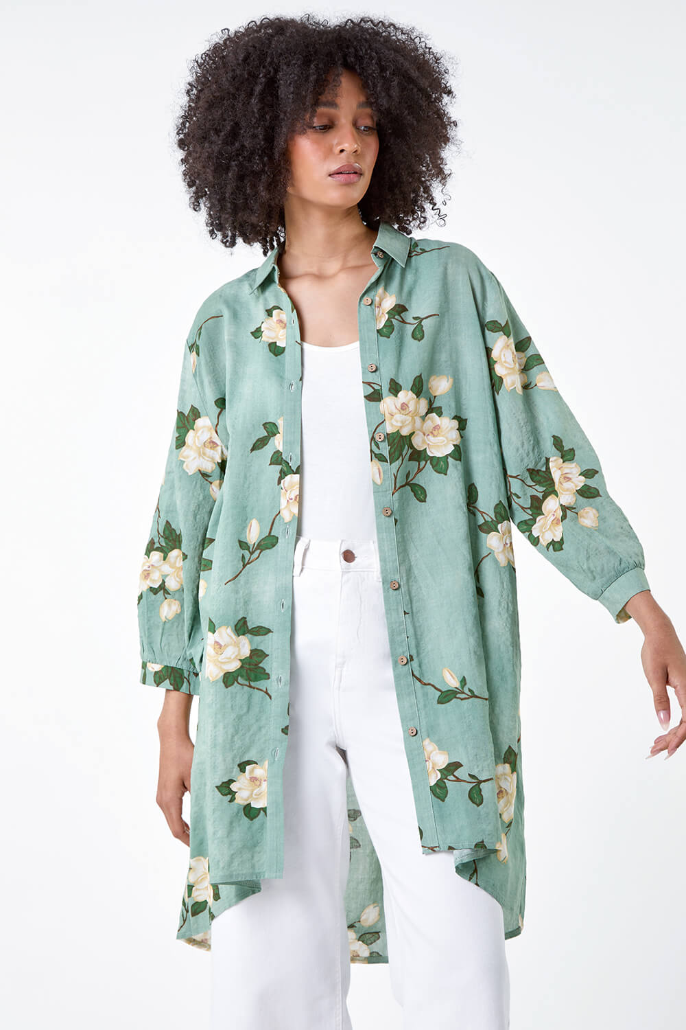 Sage Floral Cotton Blend Longline Shirt, Image 4 of 5