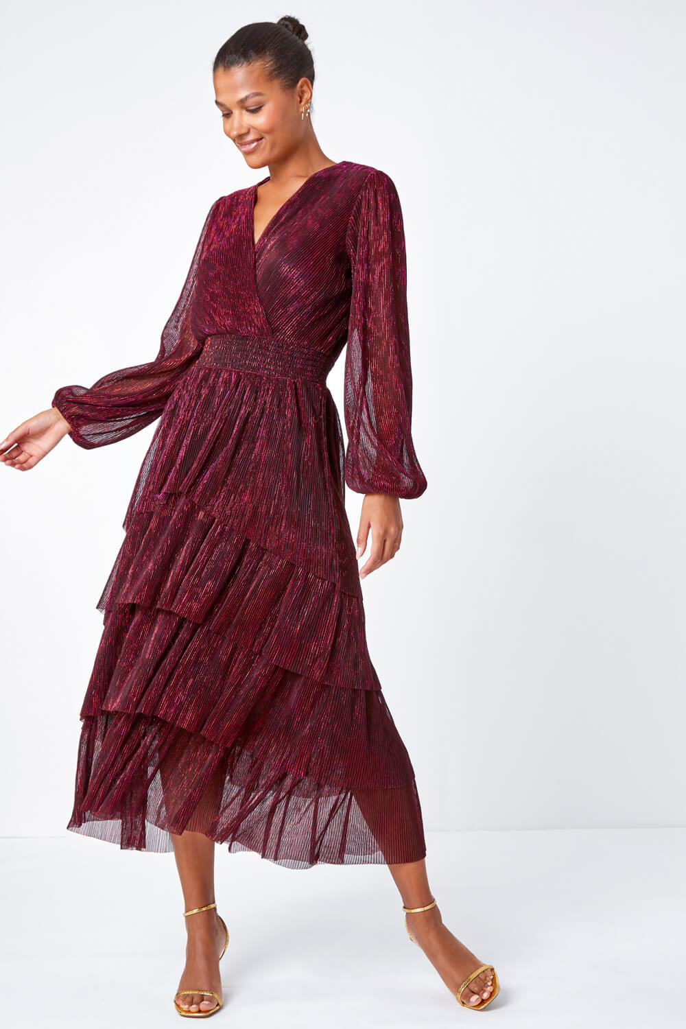 Wine Metallic Shirred Waist Tiered Midi Stretch Dress, Image 2 of 5