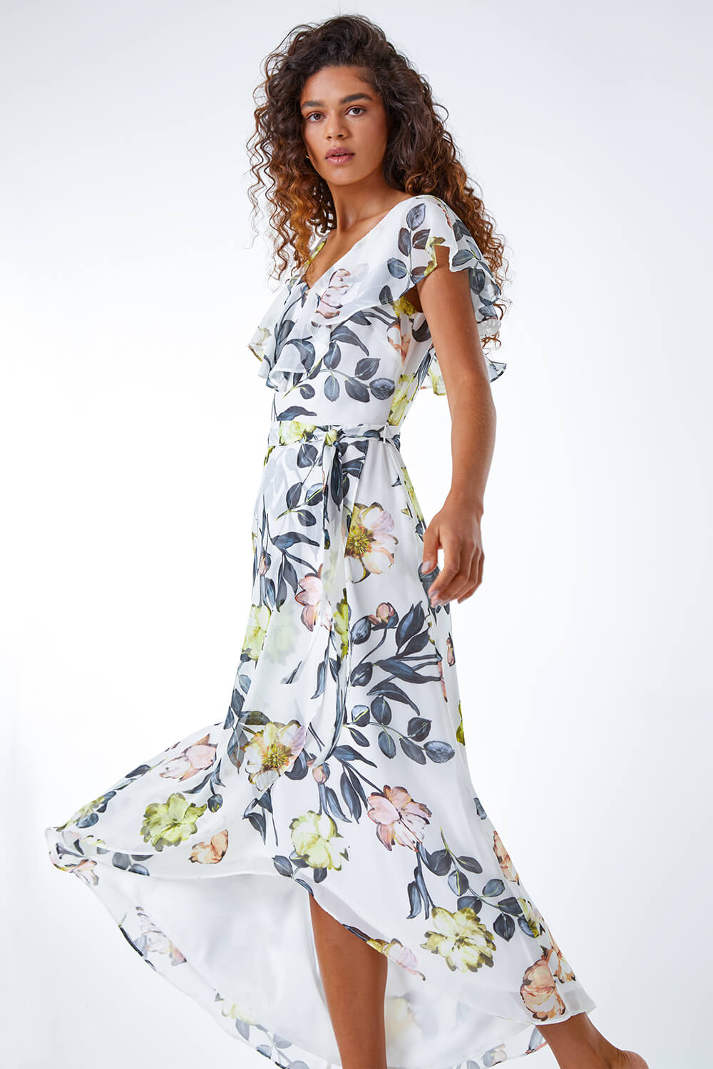 Ivory  Floral Print Frill Cape Wrap Dress, Image 2 of 5