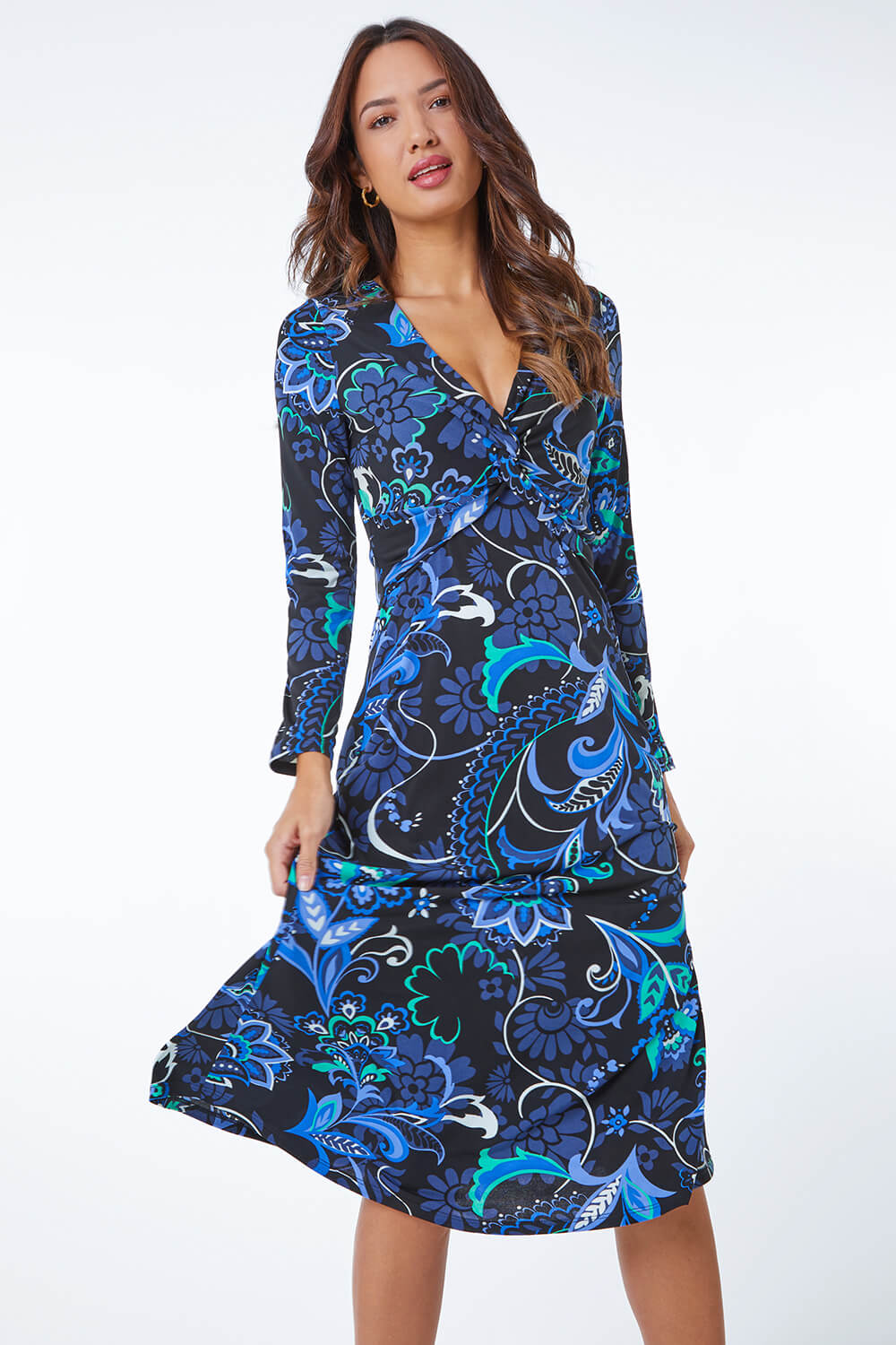 Floral Print Twist Detail Midi Dress in Blue - Roman Originals UK