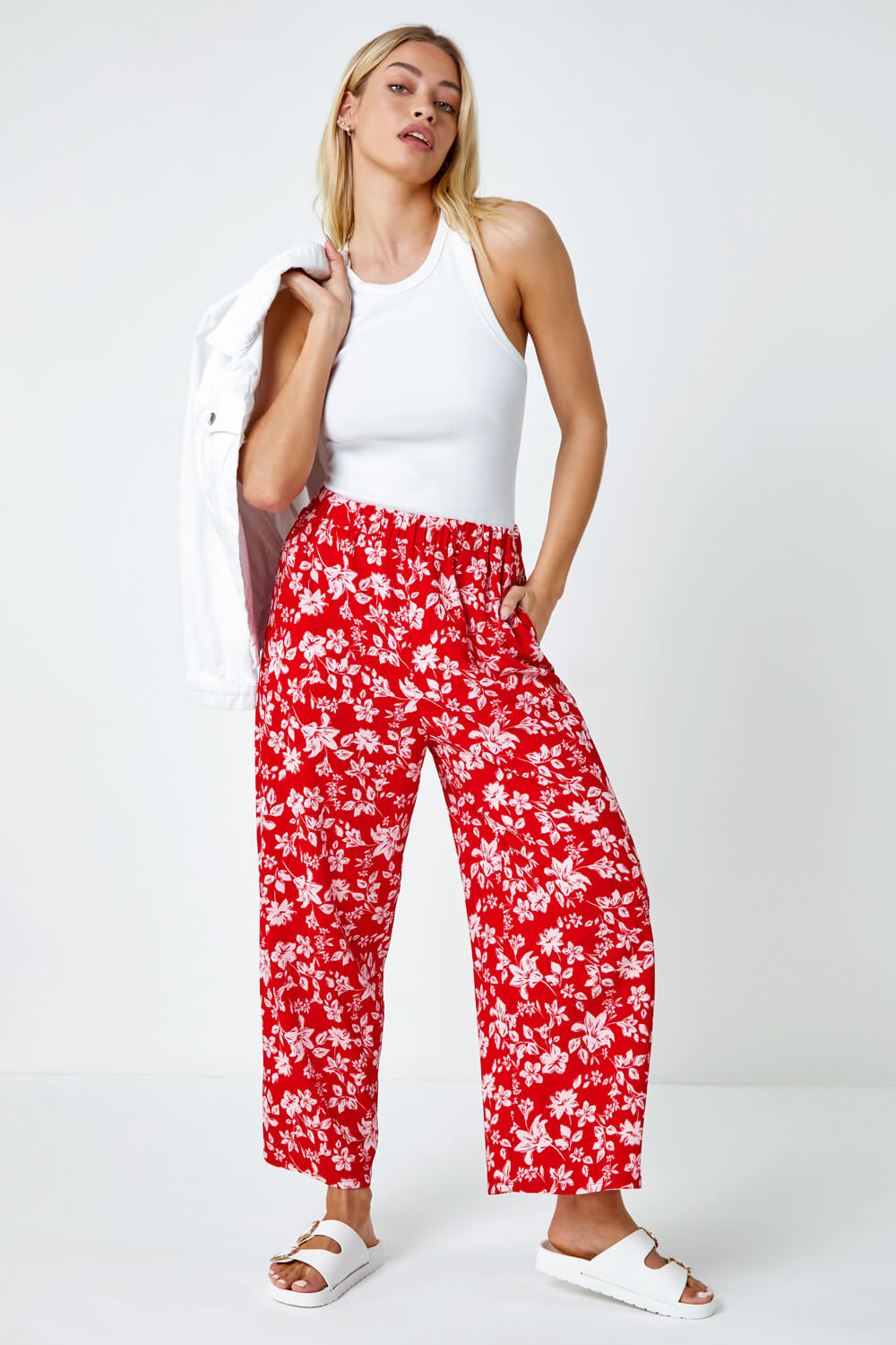 Red Floral Print Stretch Culottes, Image 2 of 5