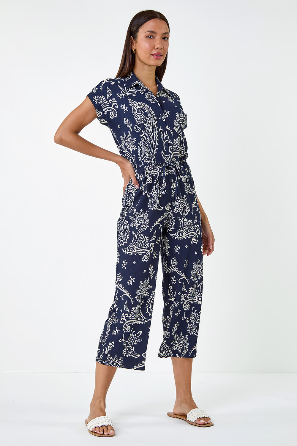 Navy  Paisley Textured Stretch Jersey Jumpsuit, Image 2 of 5