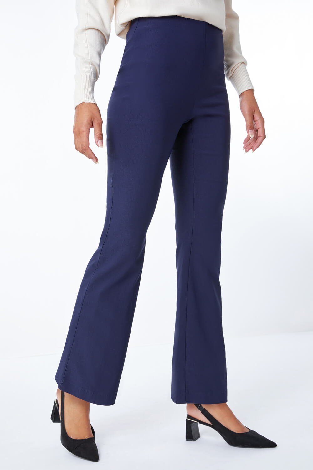 Navy  Full Length Boot Cut Stretch Trouser, Image 3 of 4