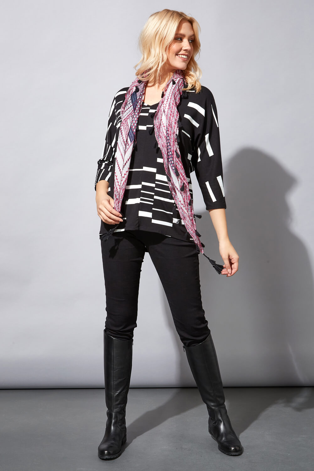 Black Colour Block Top with Scarf, Image 2 of 4