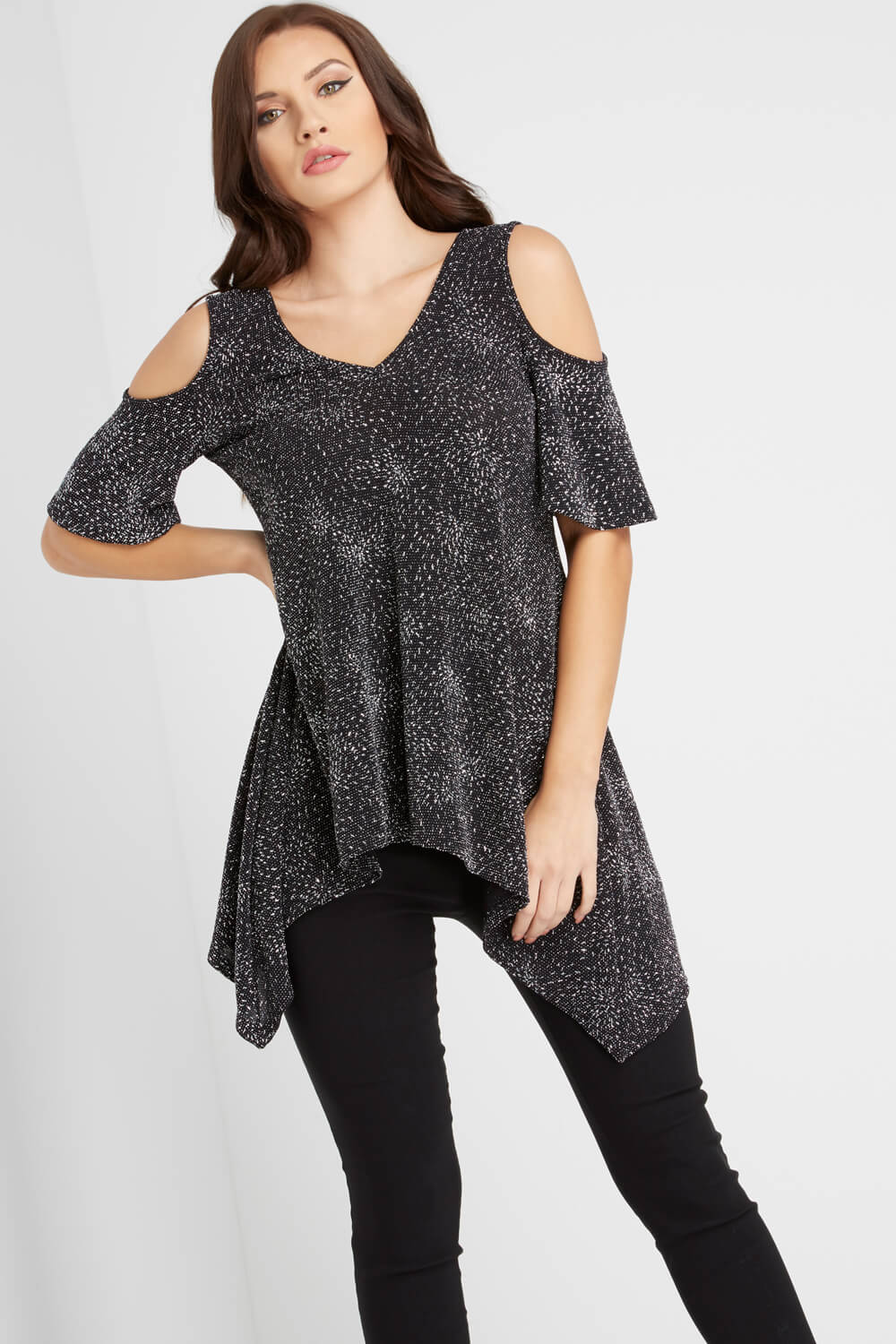 Sparkle Cold Shoulder Top in Silver - Roman Originals UK