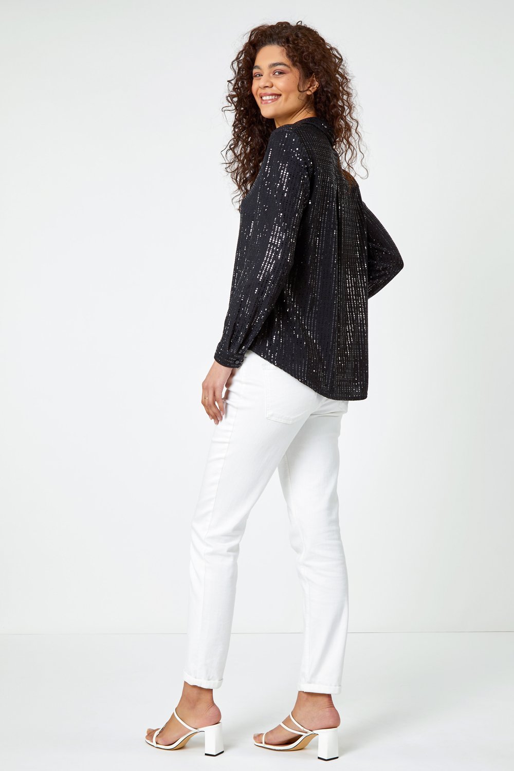 Black Sequin Shimmer Button Through Blouse, Image 3 of 5