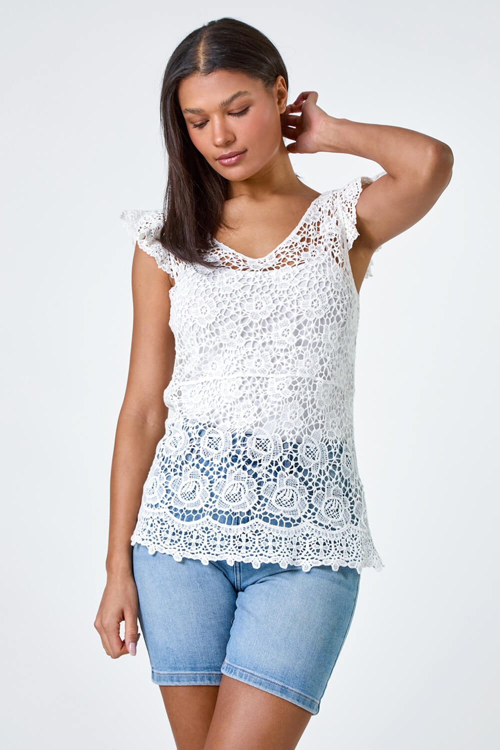 White Cotton Crochet Frill Sleeve Top, Image 4 of 5