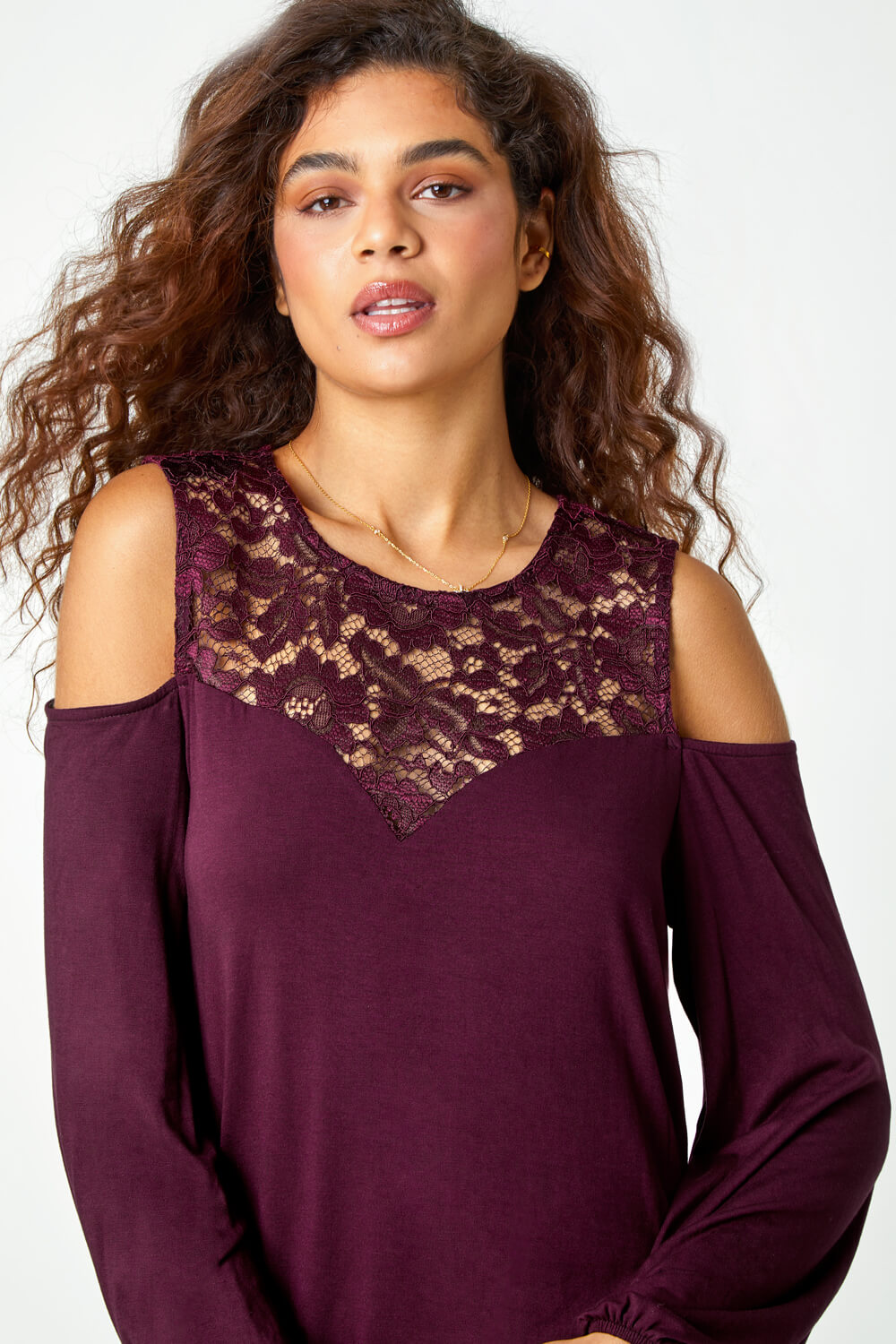 Wine Lace Detail Cold Shoulder Stretch Top , Image 4 of 5
