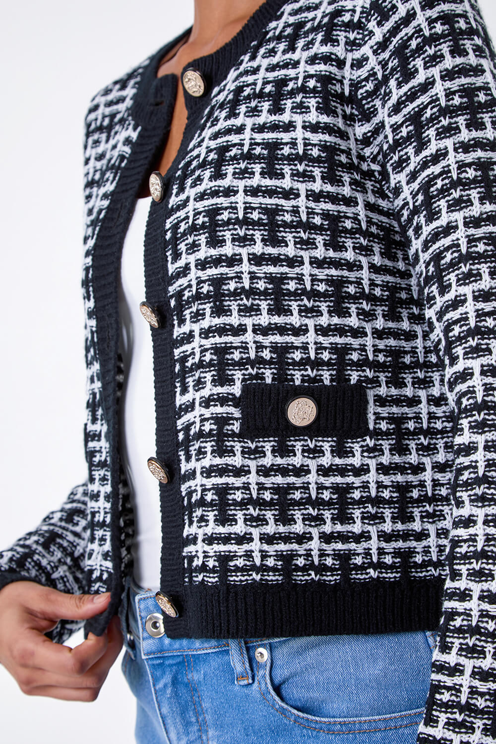 Black Boucle Knitted Contrast Cardigan, Image 5 of 7