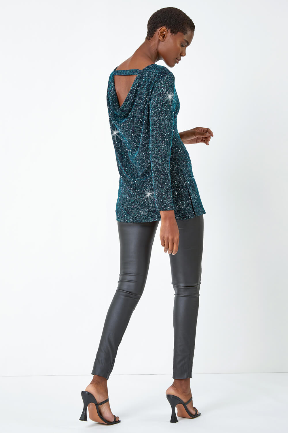 Teal Sparkle Cowl Back Detail Stretch Top, Image 3 of 5