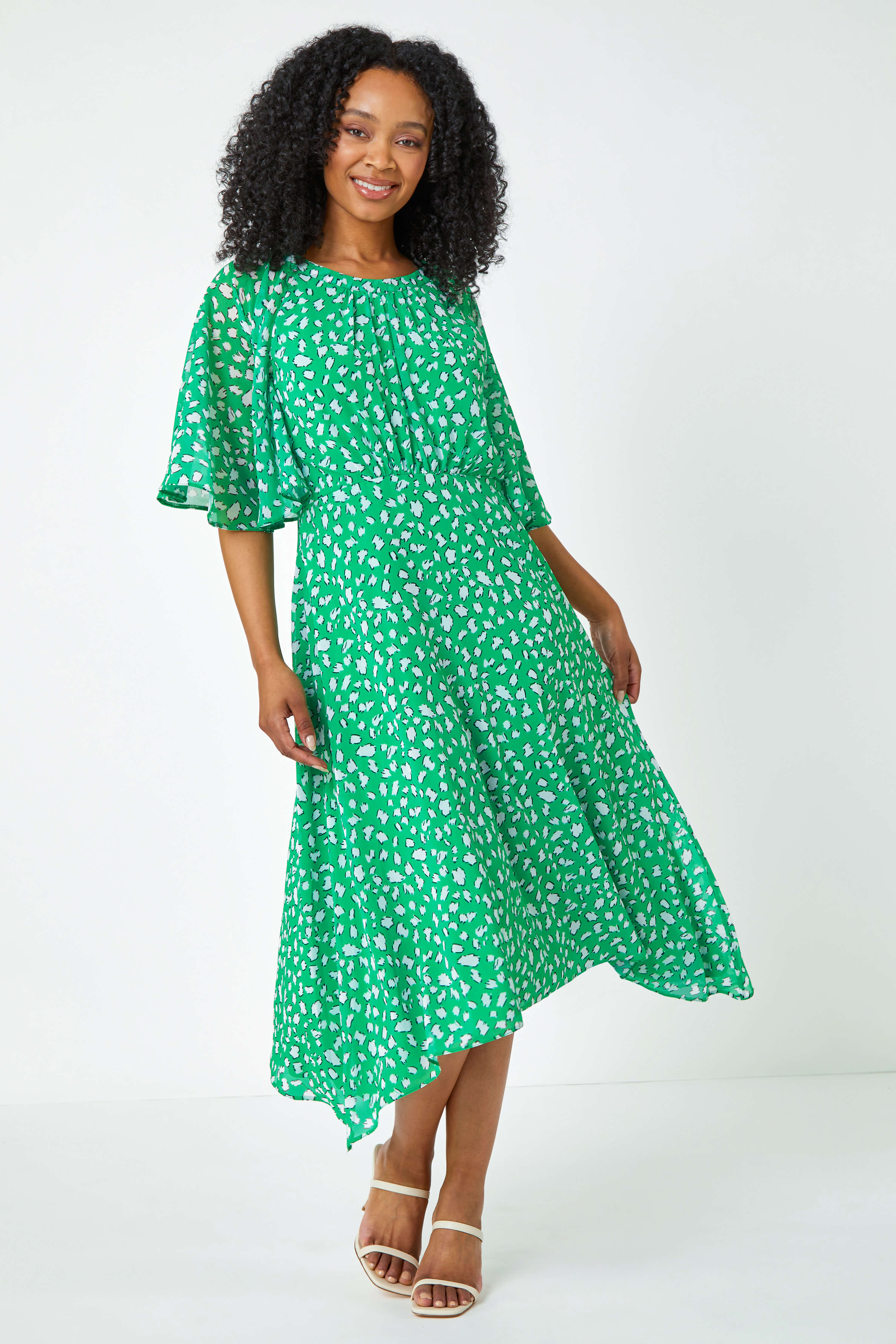 Green Petite Floral Print Chiffon Midi Dress, Image 2 of 5