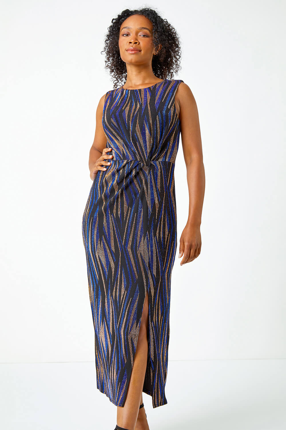 Blue Petite Metallic Twist Ruched Maxi Dress, Image 2 of 5