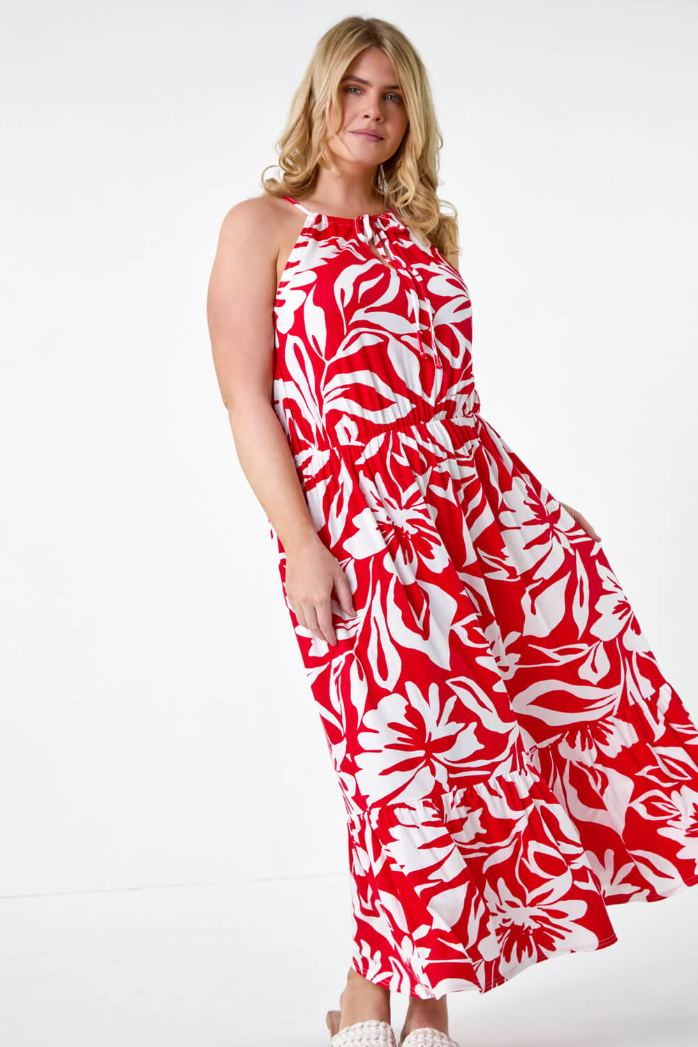 Red Curve Floral Tie Detail Halterneck Dress, Image 2 of 5