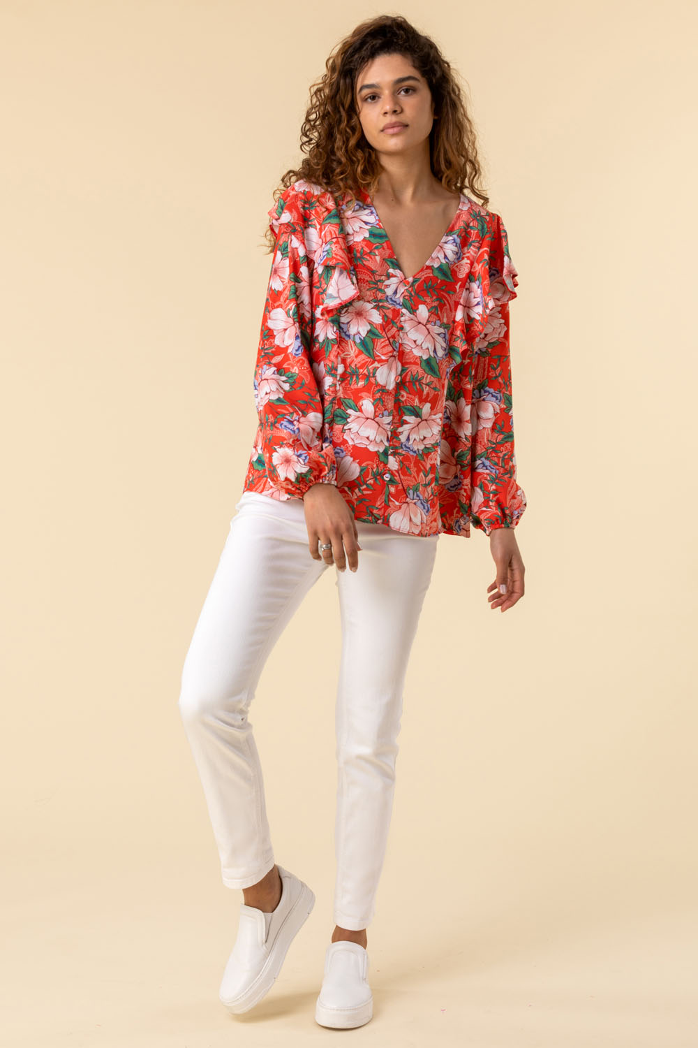 CORAL Floral Paisley Print Frill Sleeve Top, Image 3 of 5