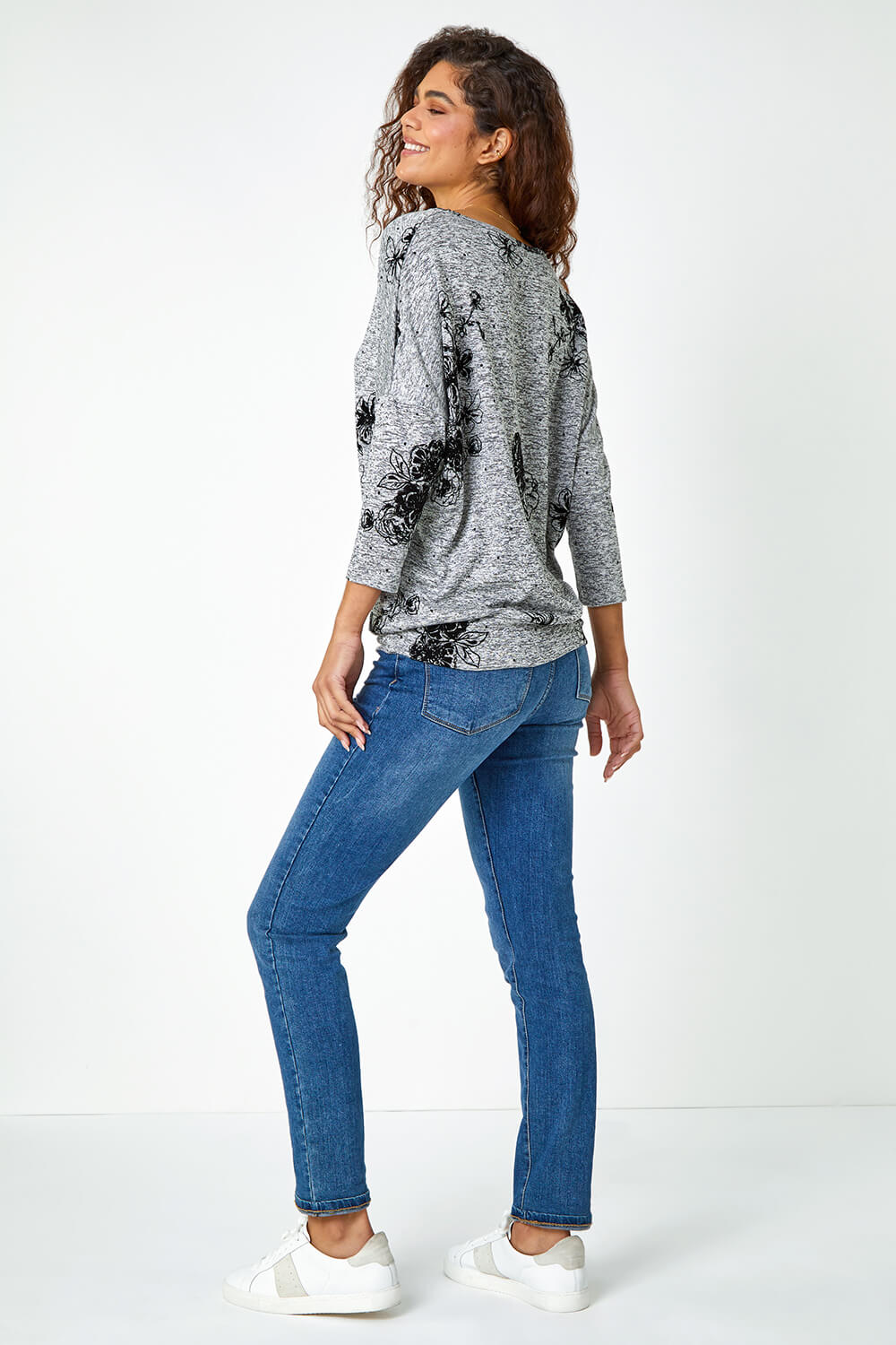 Grey Textured Floral Print Stretch Top, Image 3 of 5
