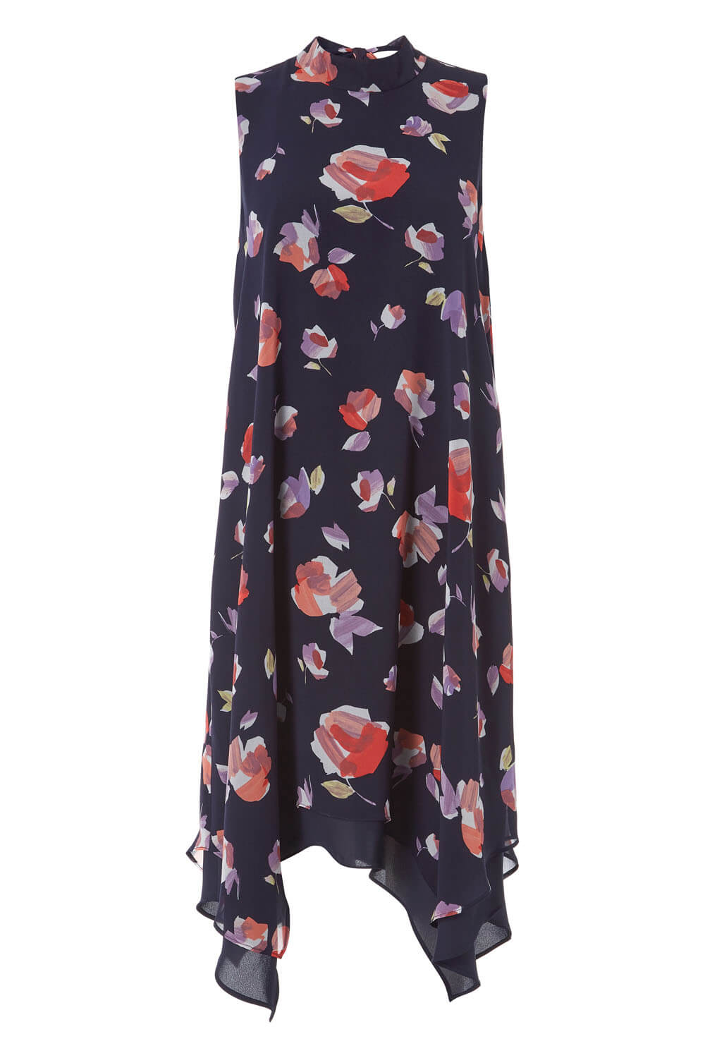 Navy  High Neck Floral Print Swing Dress, Image 5 of 5