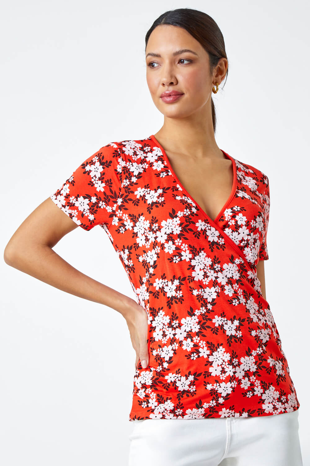 Red Floral Print Wrap Stretch Top, Image 4 of 5