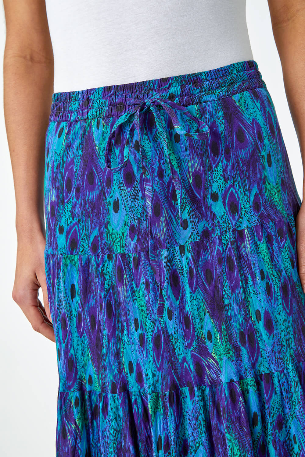 Blue Feather Print Tiered Cotton Maxi Skirt, Image 6 of 6