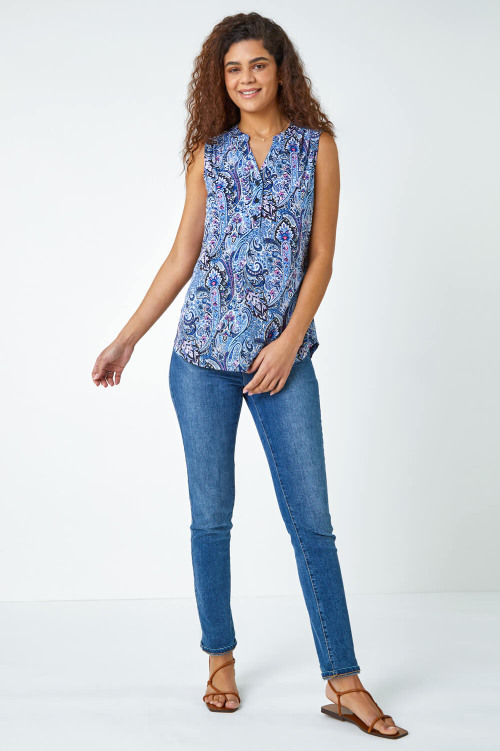 Blue Paisley Print Sleeveless Stretch Top, Image 2 of 5