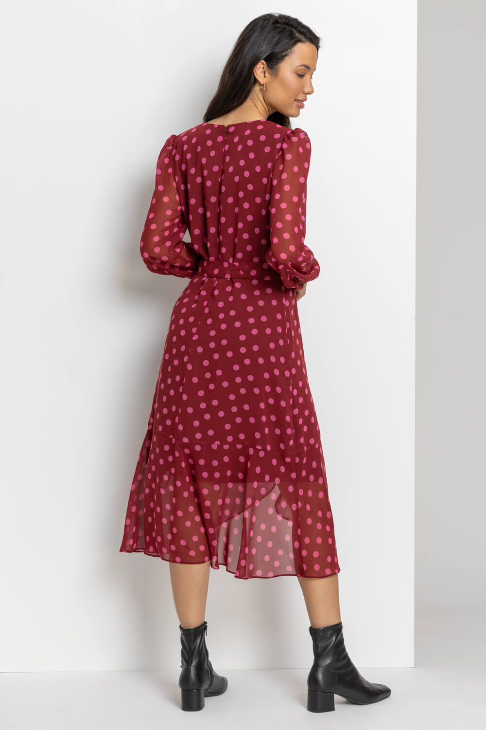 Burgundy Spot Print Belted Wrap Dress, Image 2 of 4