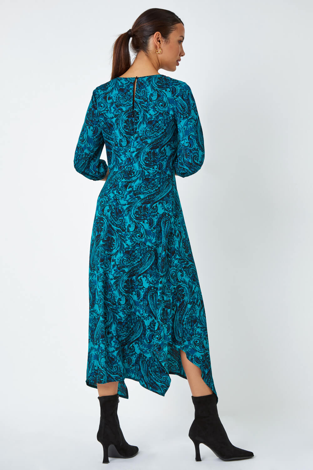 Teal Paisley Print Hanky Hem Midi Dress, Image 3 of 5