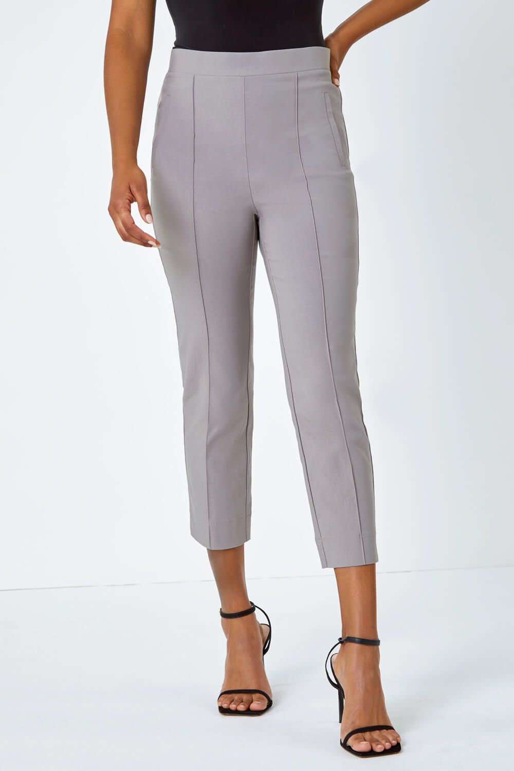 Taupe Seam Detail Stretch Cropped Trousers, Image 4 of 5