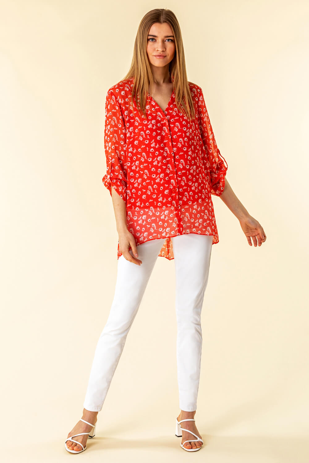 Red Frill Neck Floral Shirt and Cami Top, Image 2 of 4