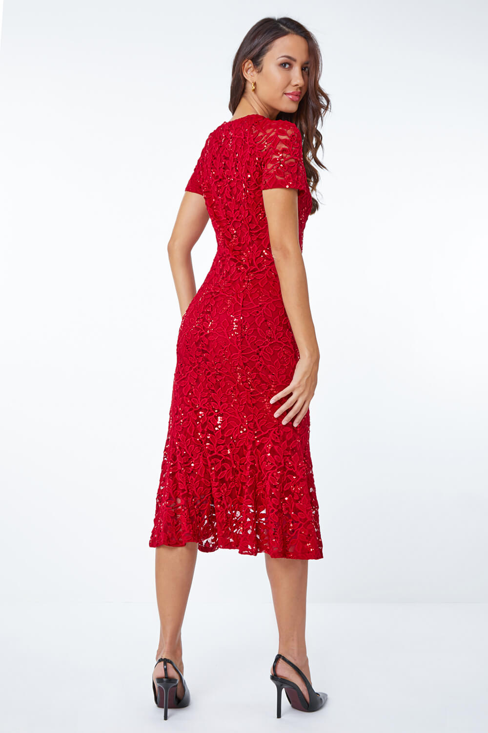 Red Leaf Lace Sequin Midi Dress, Image 3 of 5