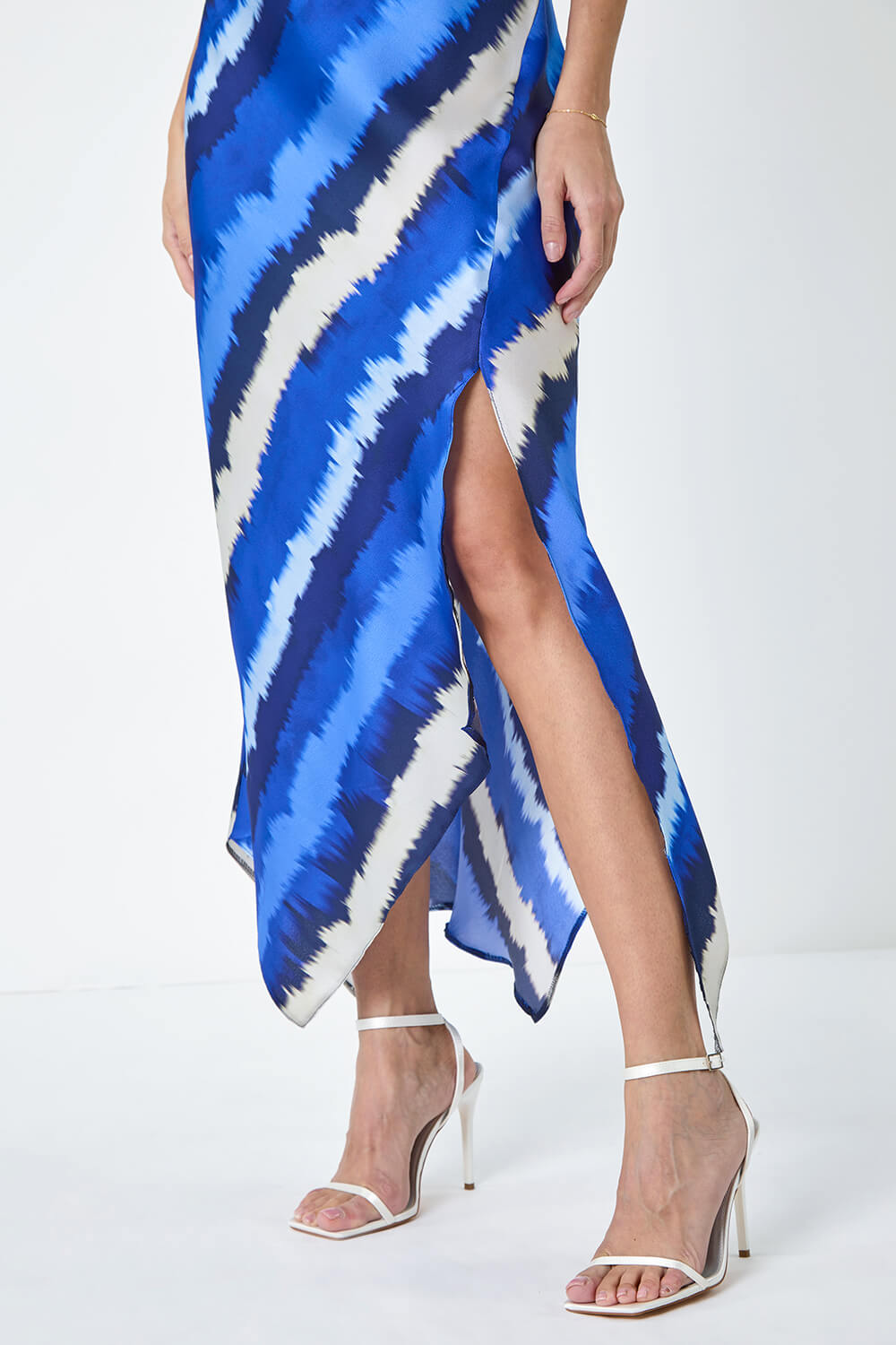 Royal Blue Stripe Print Satin Midi Slip Dress, Image 5 of 5