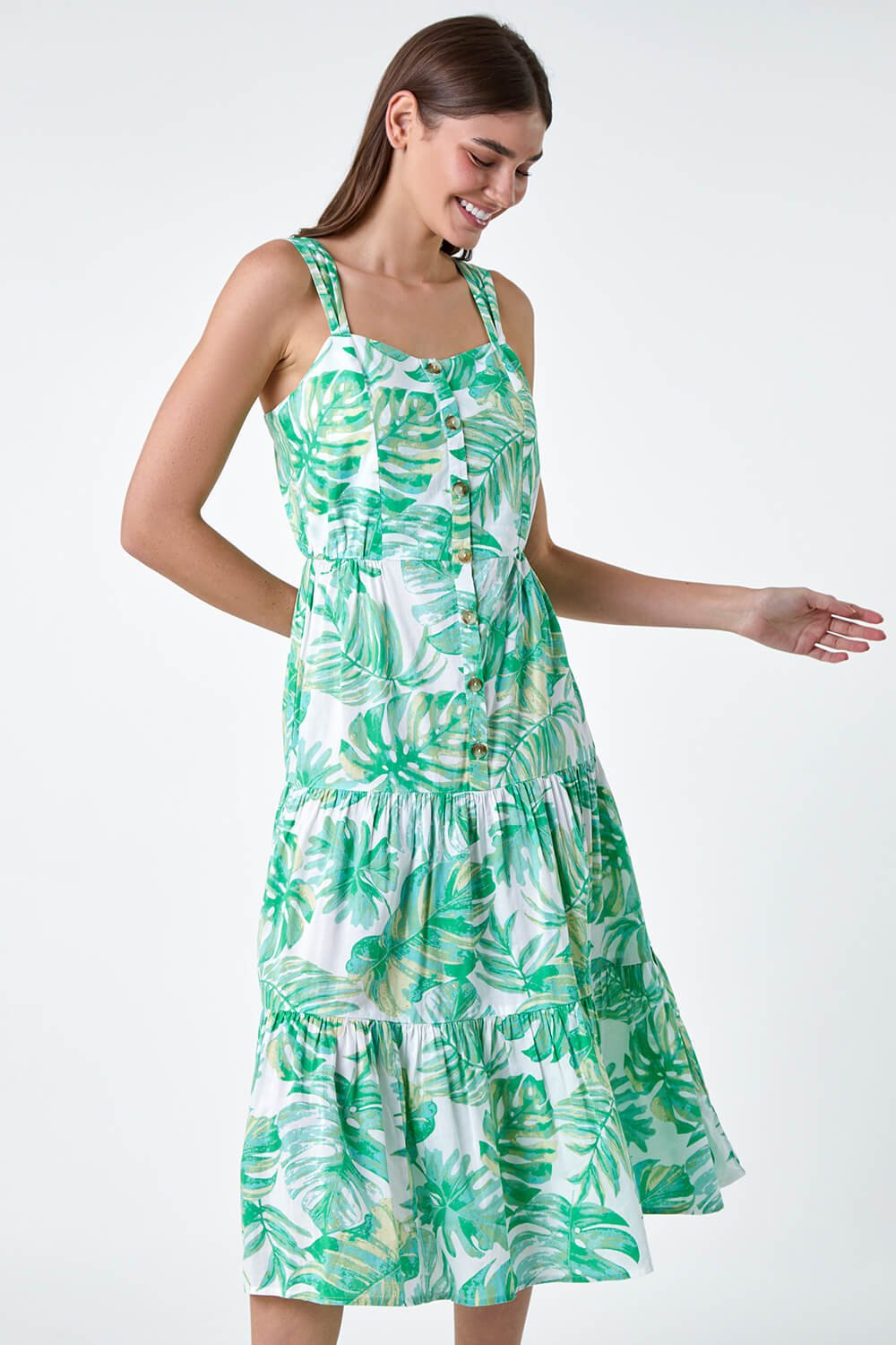 Mint Leaf Print Cotton Tiered Dress, Image 4 of 5