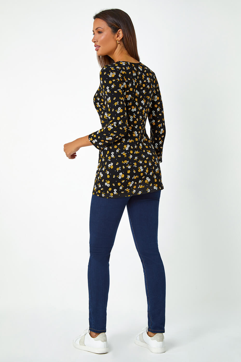 Ochre Floral Print Ruched Stretch Top , Image 3 of 5