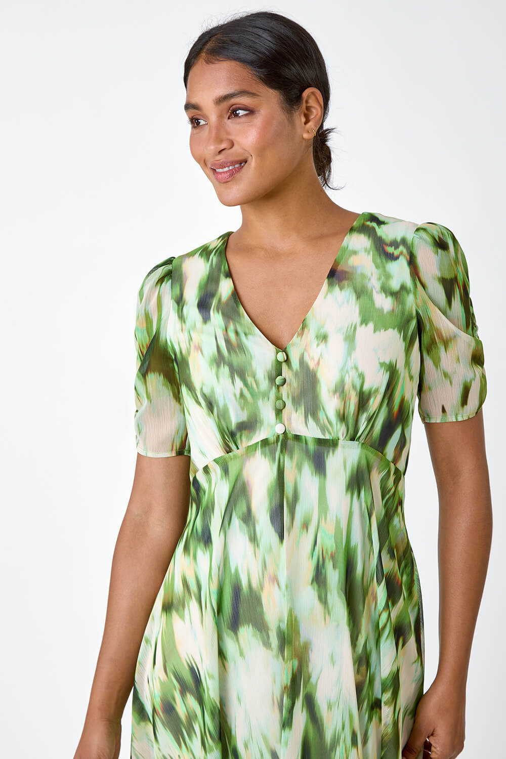 Green Abstract Print Hanky Hem Chiffon Dress, Image 4 of 5