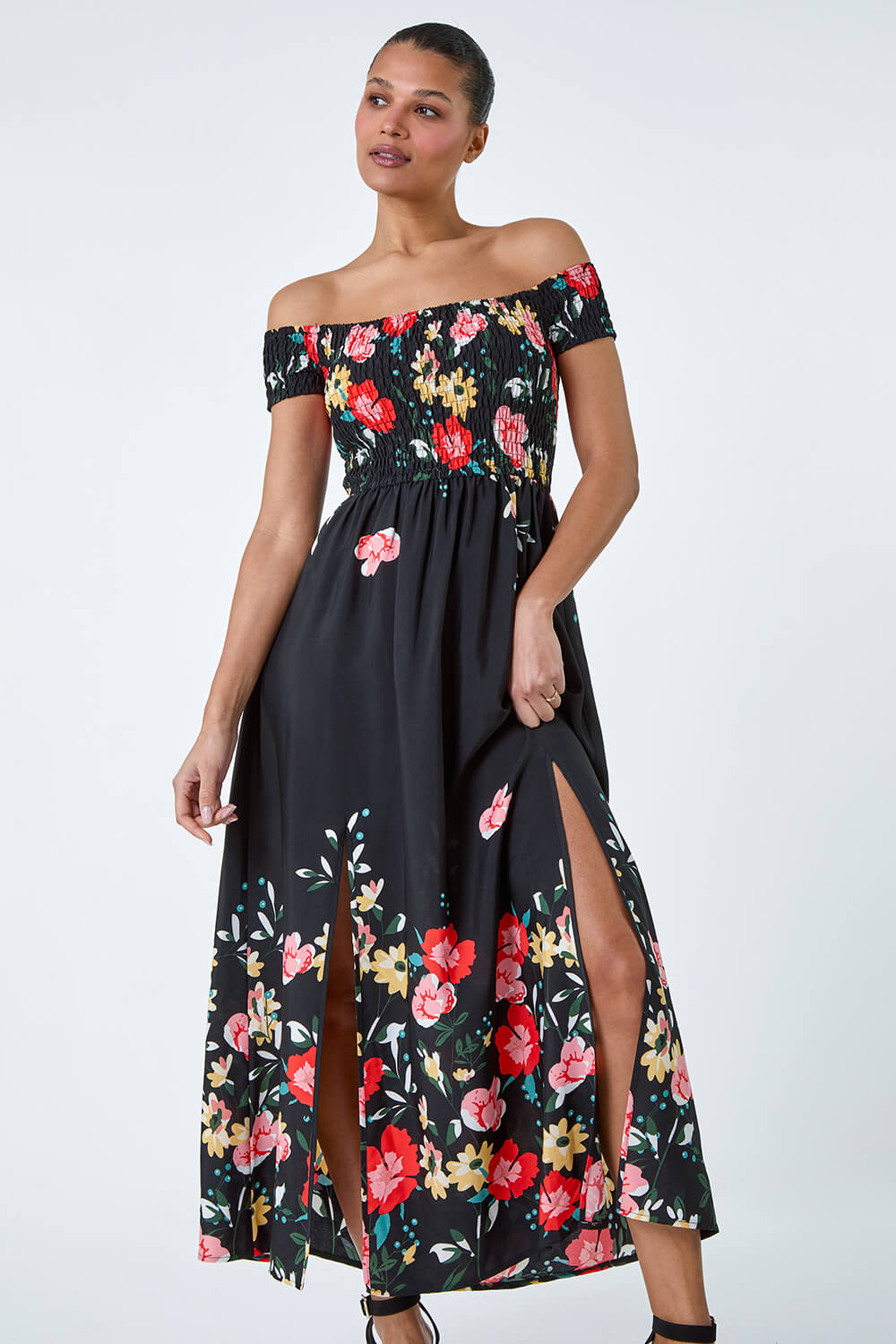 Flower Print Shirred Bodice Bardot Dress