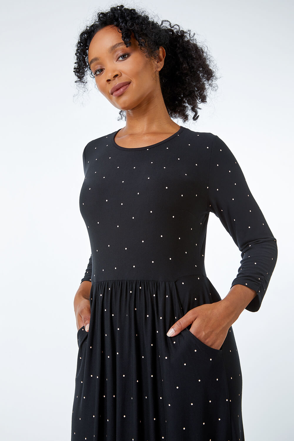 Black Petite Spot Stretch Midi Dress, Image 4 of 5