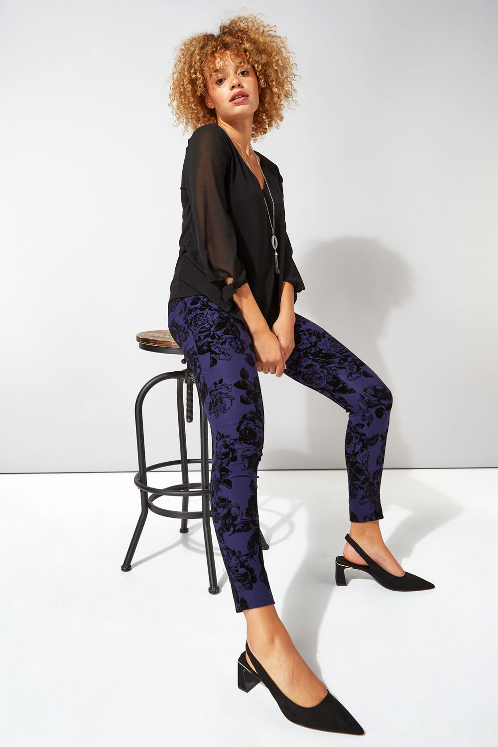 Midnight-Blue Flocked Full Length Stretch Trousers, Image 3 of 4