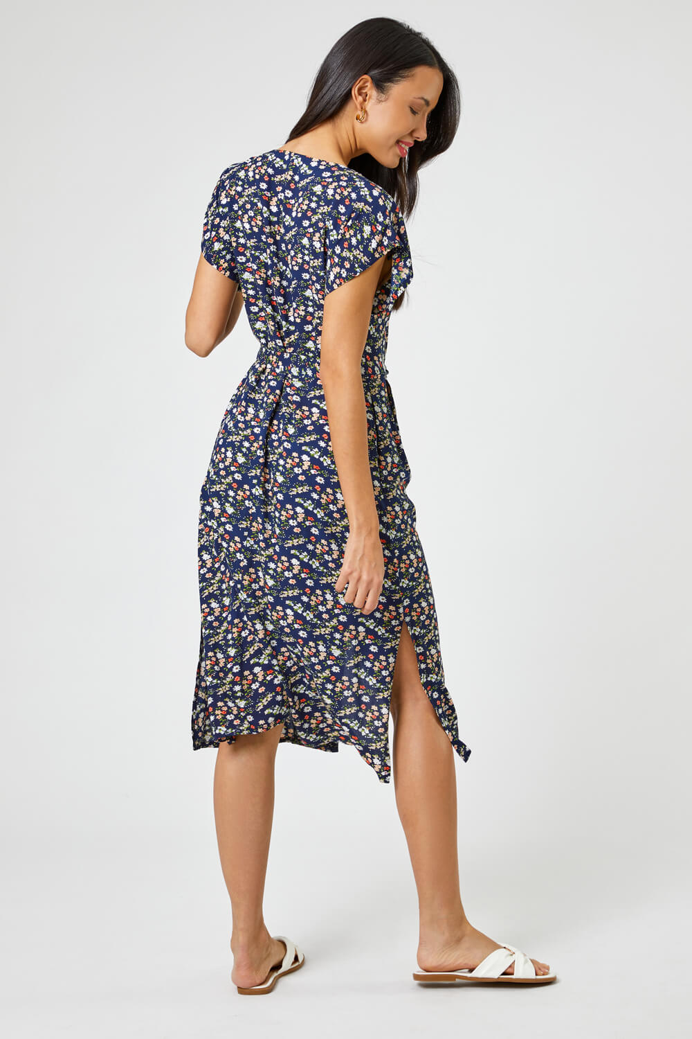 Navy  Floral Print Button Belted Midi Dress, Image 2 of 5