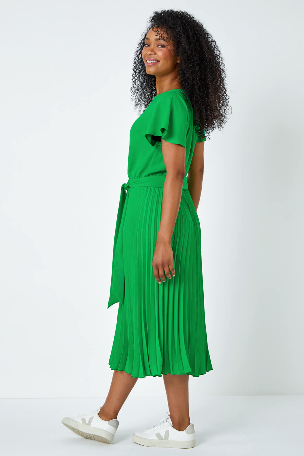 Green Petite Plain Pleated Skirt Midi Dress, Image 3 of 5