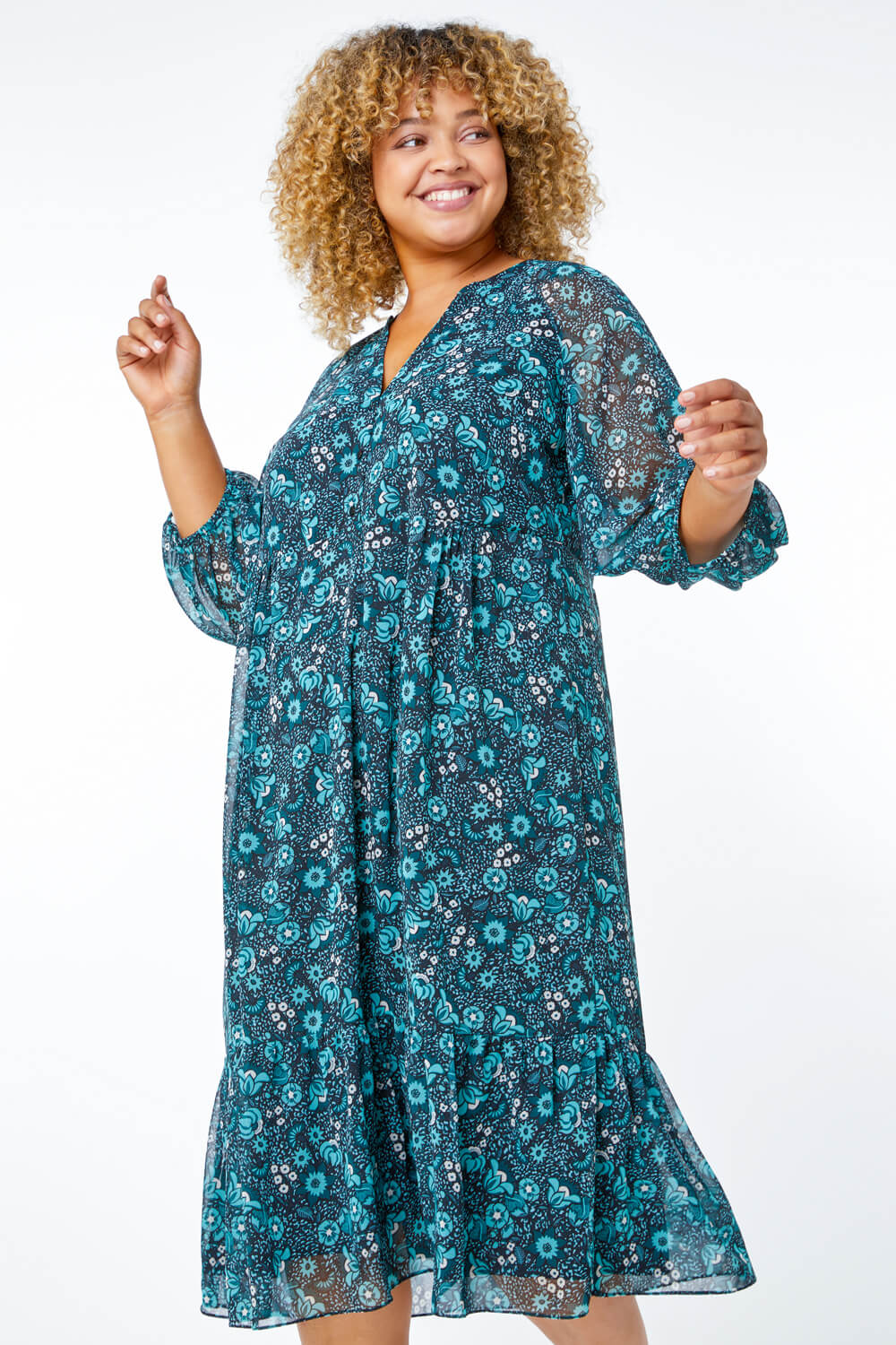 Teal Curve Floral Tiered Midi Dress, Image 3 of 5