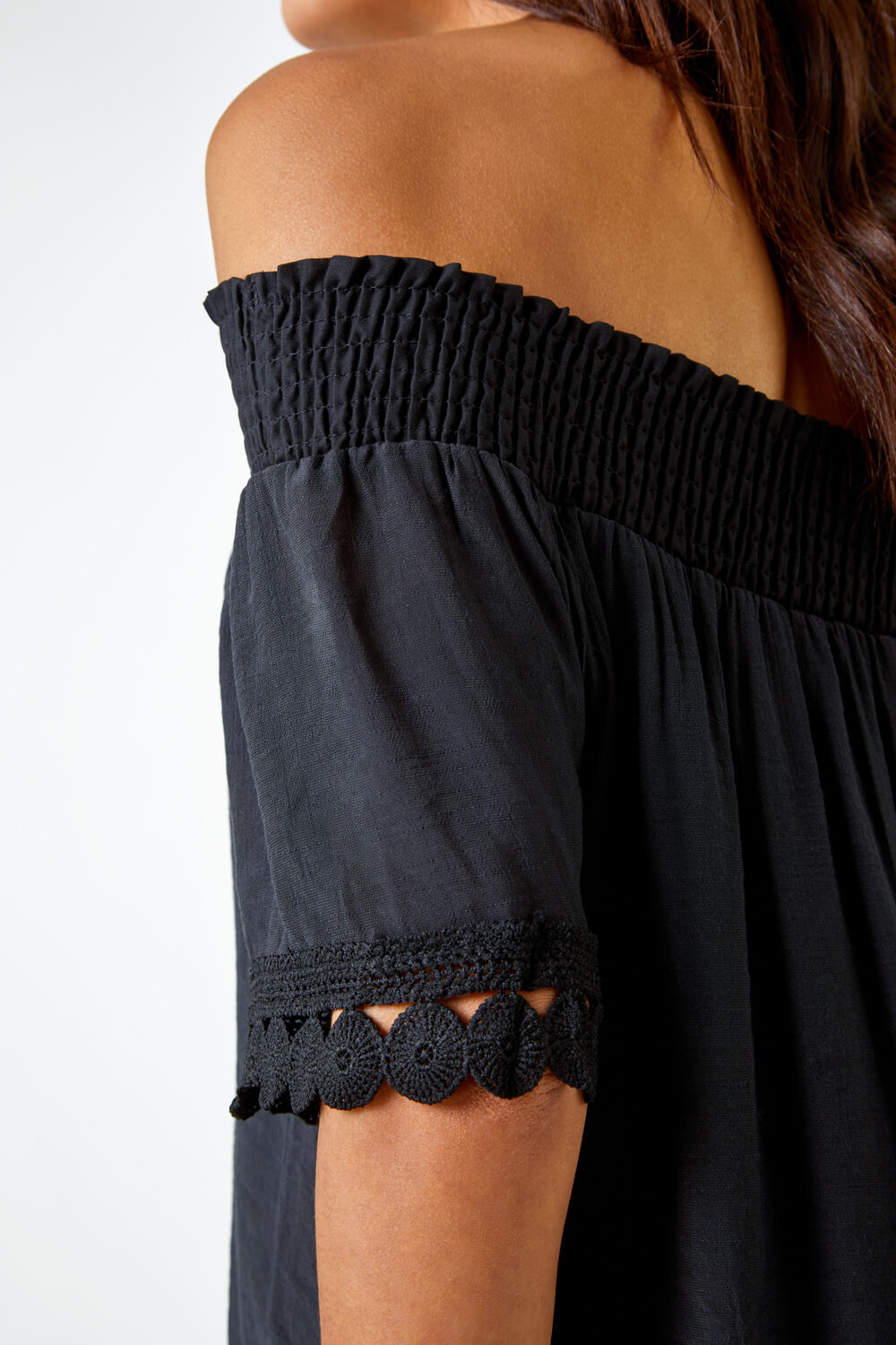 Black Lace Detail Shirred Bardot Top, Image 5 of 5