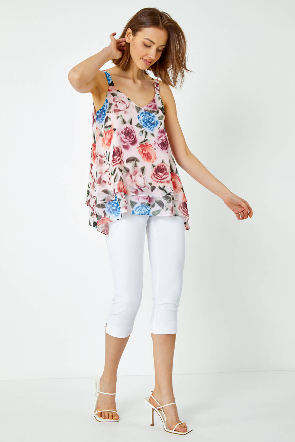 Light Pink Sleeveless Floral Double Layer Top, Image 2 of 5
