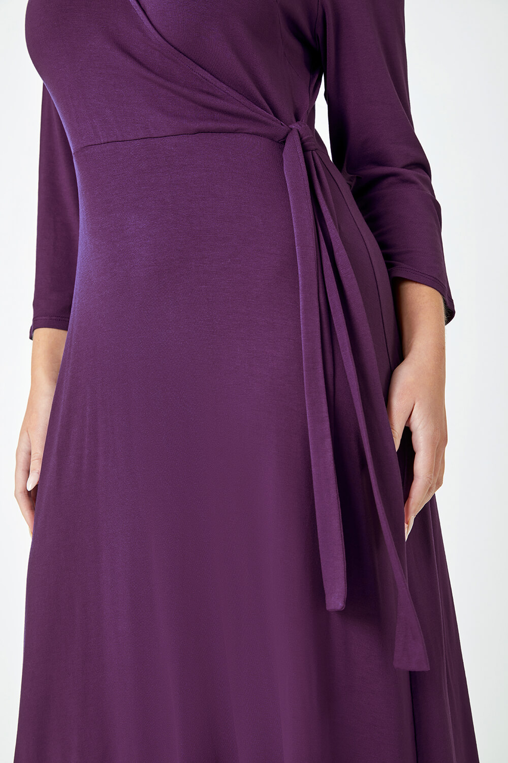 Purple Petite Plain Stretch Wrap Midi Dress, Image 5 of 5